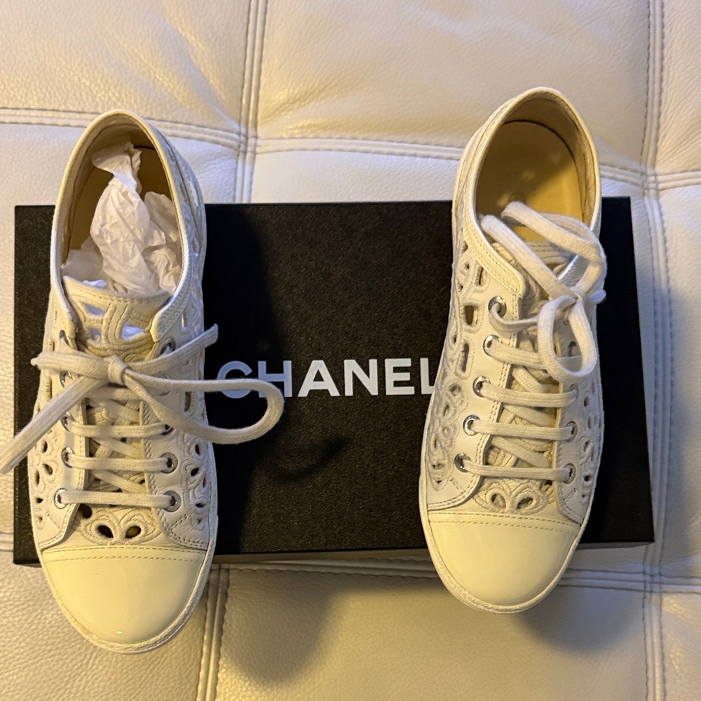 Chanel White Lace Leather Sneakers with patent toe cap
